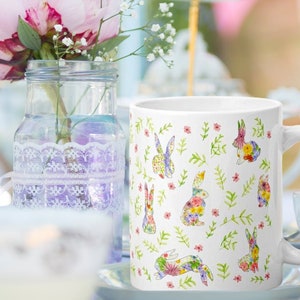Blumen Hasen Tasse | Kaffeeliebhaber Geschenk | Hasentasse | Aquarell Tassen | Aquarell Tiere | Hasenliebhaber Geschenk | Frühlingsbecher | Hasenliebhaber