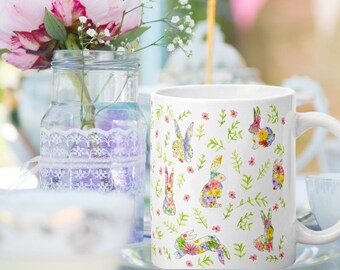 Blumen Hasen Tasse | Kaffeeliebhaber Geschenk | Hasentasse | Aquarell Tassen | Aquarell Tiere | Hasenliebhaber Geschenk | Frühlingsbecher | Hasenliebhaber