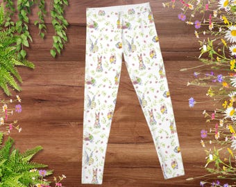Jugend Mädchen Aquarell Wildblumen Häschen Leggings | Kaninchen-Liebhaber-Geschenk für Kinder | Frühling Osterhase Sportlich Leggings Bekleidung