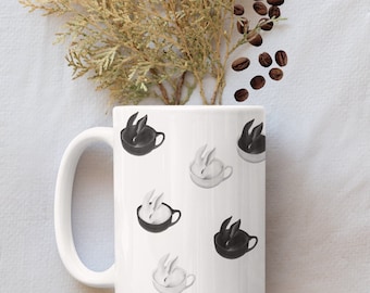 Kawaii Bunny Coffee Mug | Poka Dot Mug | Bunny Rabbit Lover Gift | Whimsical Wonderland Mugs | Cute Coffee Lover Gift | Black and White Mugs