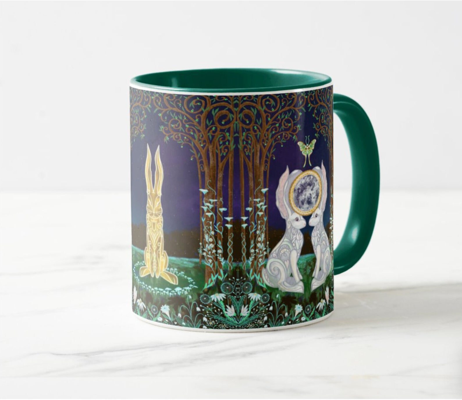 White Rabbit Luna Moth Full Moon Art Coffee Mug | Cute Bunny Rabbit ...