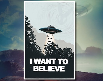 Believe Bunny Rabbit UFO Alien Poster Sci Fi Wall Art Print | Bunny Rabbit Extraterrestrial Sci Fye Lover Decor Gift | Cute Alien X Wall Art