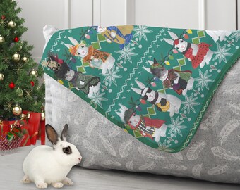 Cozy HD Ugly Christmas Sweater White Bunny Rabbit Sherpa Fleece Throw Blanket | Cute Woodland Kawaii Bunny Mom Rabbit Lover Home Decor Gift