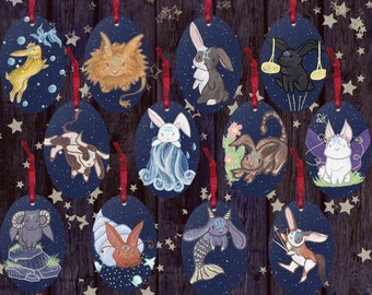 Sternzeichen Häschen-Kaninchen-Holzmagnet-Verzierungen | Sternzeichen Ornament Magnete Geschenke | Niedliches Kawaii Witchy Sternzeichen-Dekor-Geschenk | Landhaus Hexe Art Decor