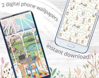 Garten Studio Bunny Rabbit Digital Cottagecore Ästhetische Telefon Wallpaper Digital Download | Niedliches Häschen-Häuschen-Telefon-Hintergrund-Thema