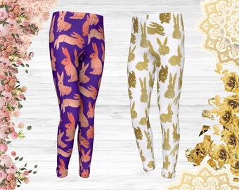 Jugend Mädchen Rose Goldene Lila Häschen Kaninchen Leggings | Häschen-Liebhaber-Geschenk für Kinder | Frühling Osterhase Sportliche Leggings Mädchen Bekleidung