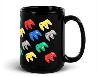 Retro Gamer Cute Bunny Rabbit Black Coffee Mug | Bunny Rabbit Mom Dad Gift | Funny Bunny Rabbit Lover Gift | Nerdy Cute Video Game Gamer Mug