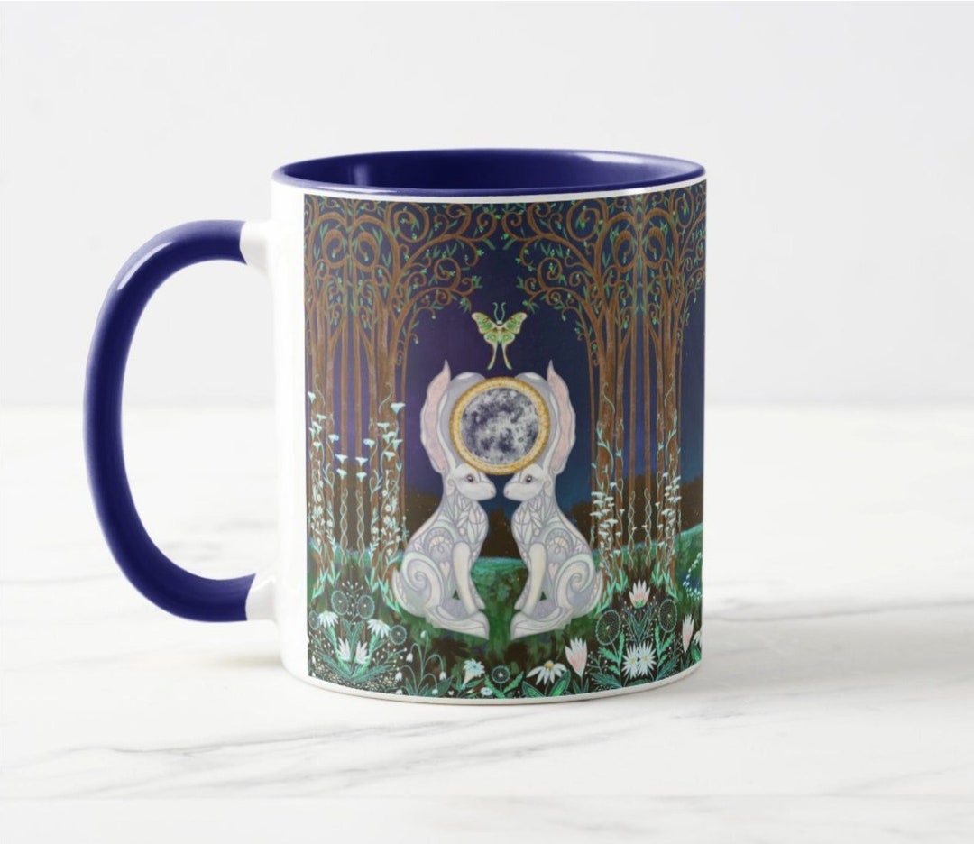 White Rabbit Luna Moth Full Moon Art Coffee Mug | Cute Bunny Rabbit ...