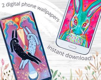 Psychedelisches Celestial Bunny Rabbit Ästhetisches Telefon-Hintergrundbild, digitales Download-Set | Niedliche Hasen-Kaninchen-Drittes-Auge-Yin-Yang-Telefonhintergründe