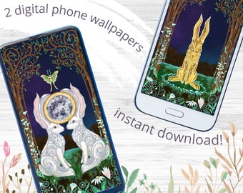 Lunar Hasen Häschen Digital Witchy Ästhetische Telefon Wallpaper Digital Download Set | Niedliches Häschen-Vollmond-Telefon-Hintergrund-Thema
