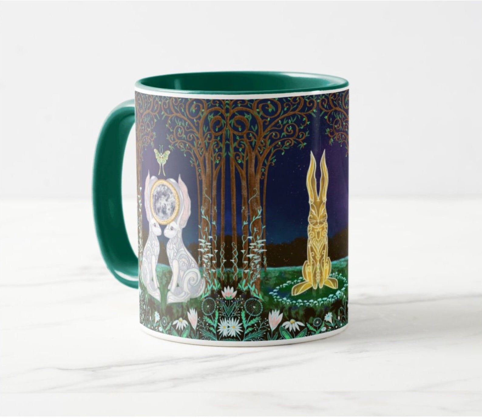 White Rabbit Luna Moth Full Moon Art Coffee Mug | Cute Bunny Rabbit ...