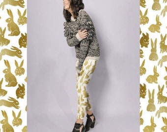 Goldene Rose Gold Häschen Silhouette gedruckt Leggings | Kaninchen-Liebhaber-Geschenk | Kaninchen Mama Geschenk | Süße Häschen Kleidung