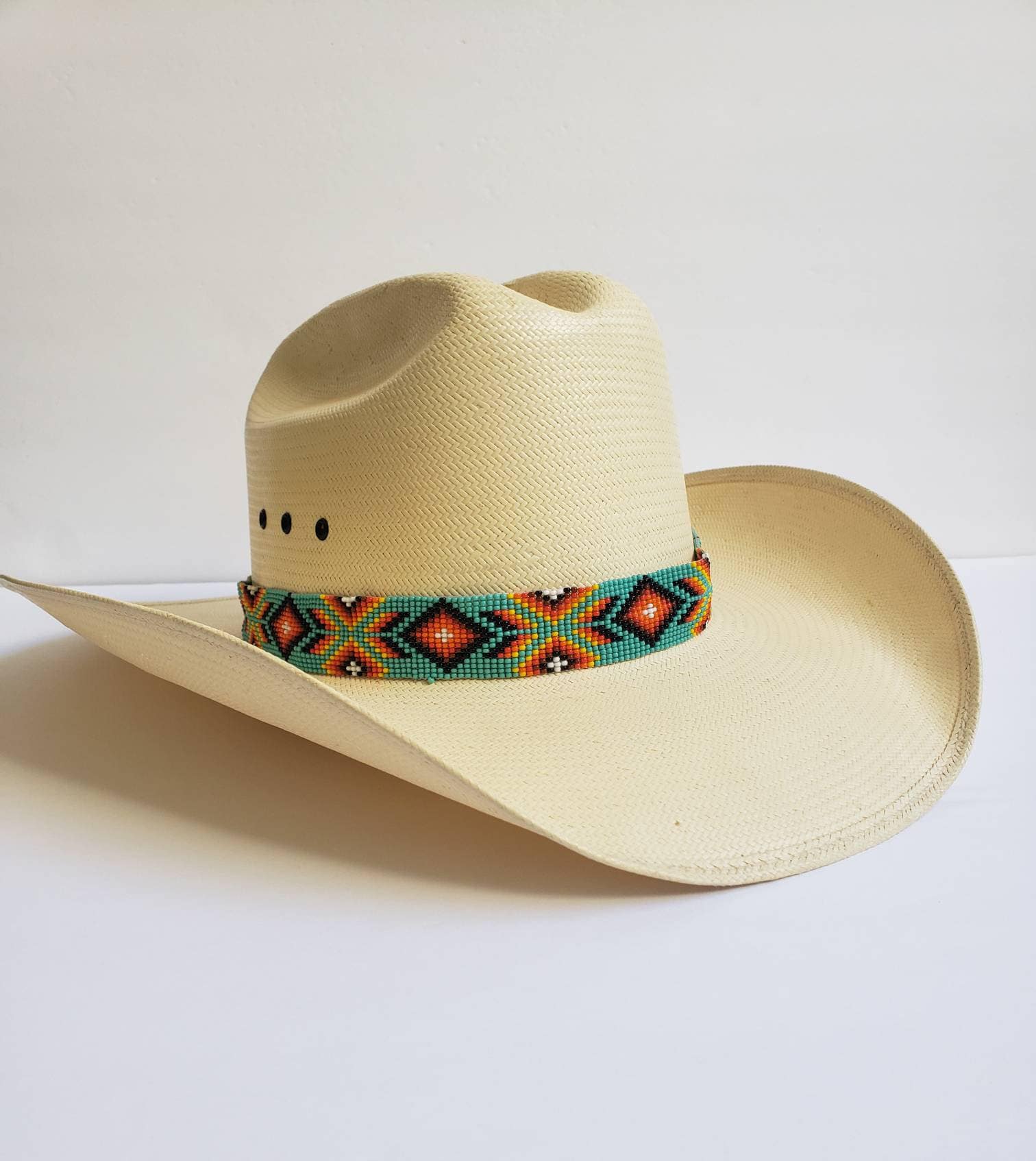 Blue Navajo Turquoise Slab Leather Band + Choice of Boho Hat 985p