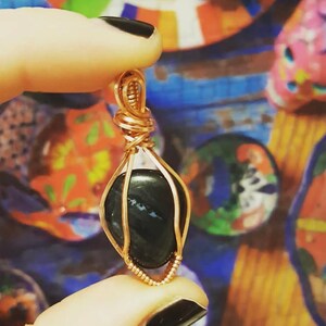 Copper Wrapped Obsidian Pendant, 16&quot; Chain