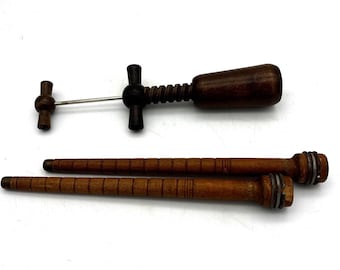 Vintage Corkscrew And Wood Mill Bobbins Lot Rustic Primitive Barware Farmhouse