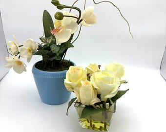 Vintage Floral Arrangement Set White Roses Blue Vase 1970s Retro Style Flowers