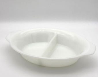 Vintage Fire King Oval Divided Dish White Milk Glass Made in USA Serving Platter