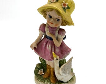 Vintage Ardco Dallas Girl Figurine w/ Duck & Yellow Floral Bonnet Made in Korea