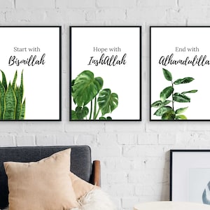 start with bismillah, end with alhamdulillah, Islamic wall art, islamic wall decor, islamic home decor, botanical islamic decor