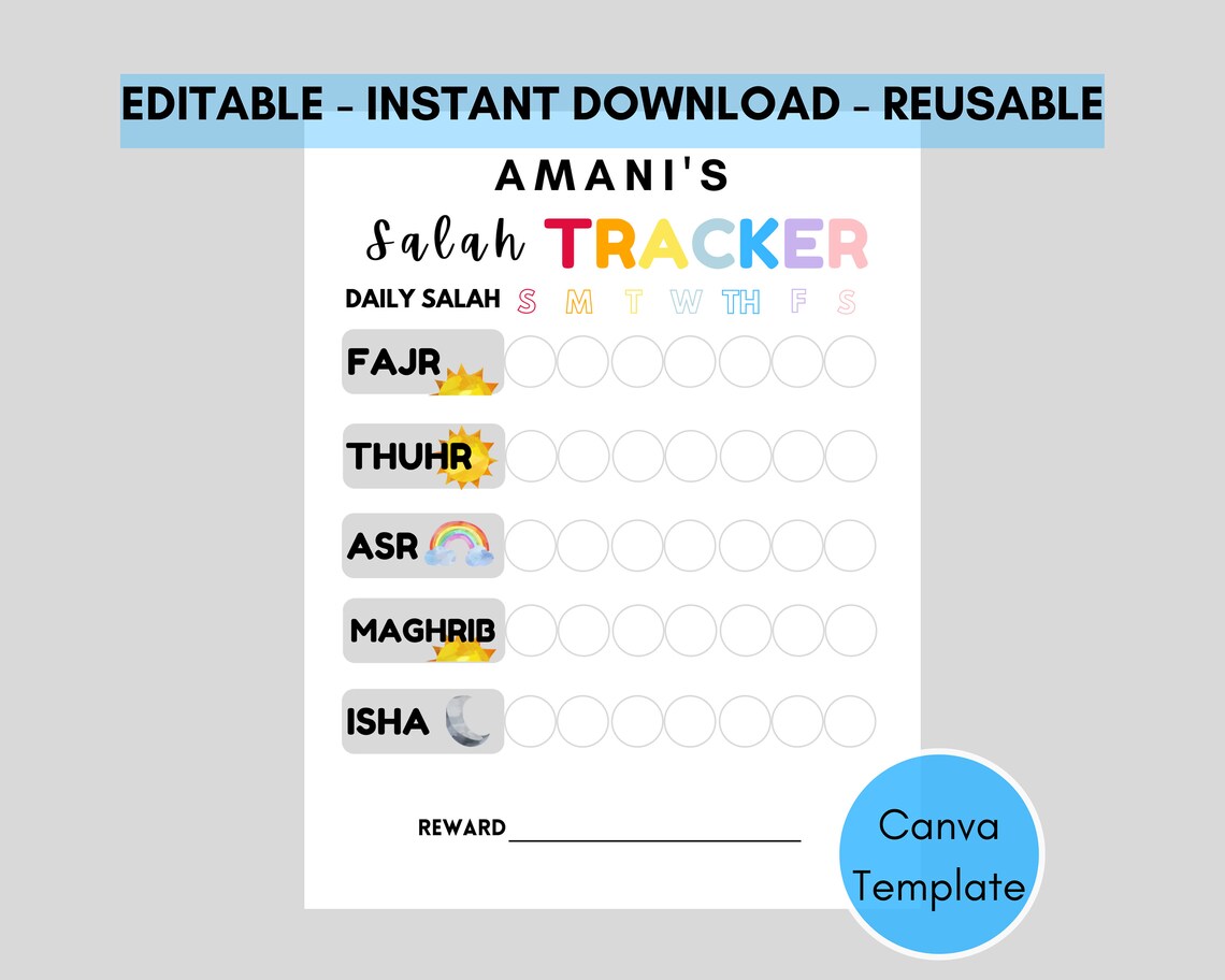 Editable Salah Tracker Salah Chart Template Prayer Tracker Etsy
