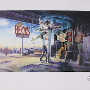 May include: A painting of a guitar shop called "Jeff Beck's Guitar Shop" with a blue electric guitar hanging from the ceiling. The shop is located in a desert setting with a person standing in front of the guitar.