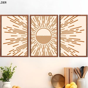Sun wall art wood, Wood wall art set, Sun panels, Sun wall sign, Sunrise wall art, Sun wall print, Boho sunrise art, Abstract sun art