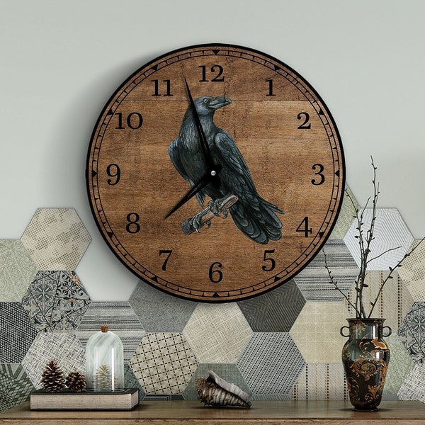 Raven clock, Black crow clock, Bird wall clock, Unique wall clock, Rustic wall clock, Farmhouse wall clock, Brown clock, Bird lover gift