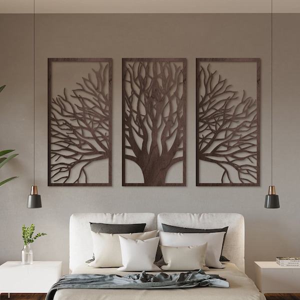 Baum des Lebens Holz Wandbild, Baum des Lebens Wandbehang, Großer Baum des Lebens Wandbild, 3 Panel Holz Wandbild, Holzwanddekor Boho