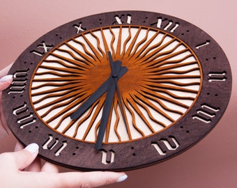 Sun wall clock,Sun clock,Sun wood wall art,Wood wall clock,Wall clock modern wood,Wooden wall clock