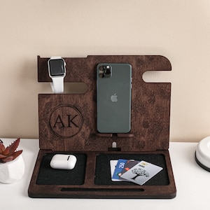Dock station for men,Wooden docking station dad,Custom docking station for men,Wooden desk organizer personalized,Phone stand wood