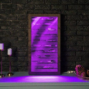 Knife wall display shelf, Knives led display case, Knife lighted shelf, Pocket knife storage, Knife wooden holder, Display shelf glass doors