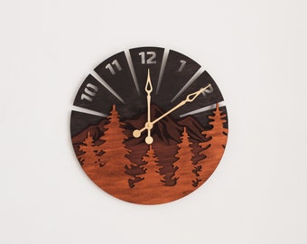 Mountain wall clock, Forest wall clock, Nature wall clock, Mountain forest wall art, Pine wall clock, Tree wall clock, Sunset wood clock