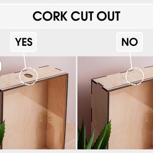 May include: Two wooden boxes, one with a 33 mm hole cut out of the top, labeled "YES", and the other without a hole, labeled "NO".  The boxes are made of light wood with dark brown edges.  The text "CORK CUT OUT" is at the top of the image.