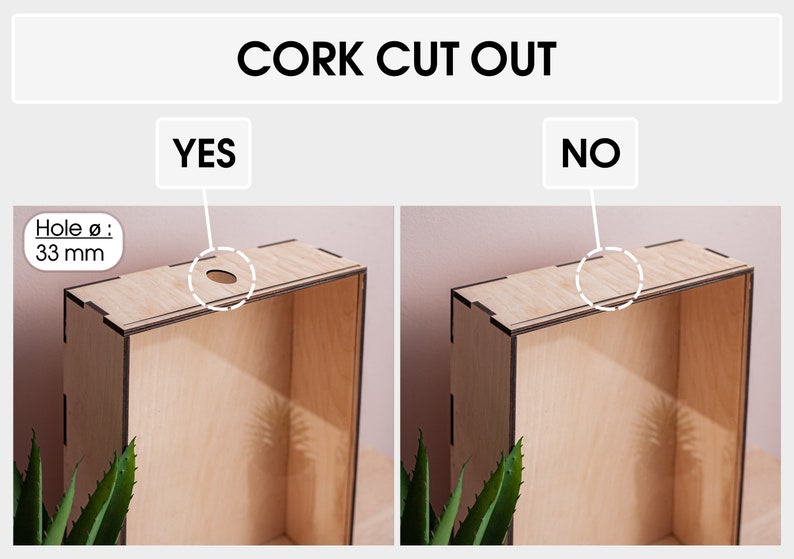 May include: Two wooden boxes, one with a 33 mm hole cut out of the top, labeled "YES", and the other without a hole, labeled "NO".  The boxes are made of light wood with dark brown edges.  The text "CORK CUT OUT" is at the top of the image.