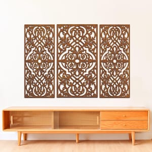 Moroccan wood panel, Carved wood panel wall, Moroccan wall art, Lattice wall panel, Boho wall art set of 3, Mandala wall art wooden