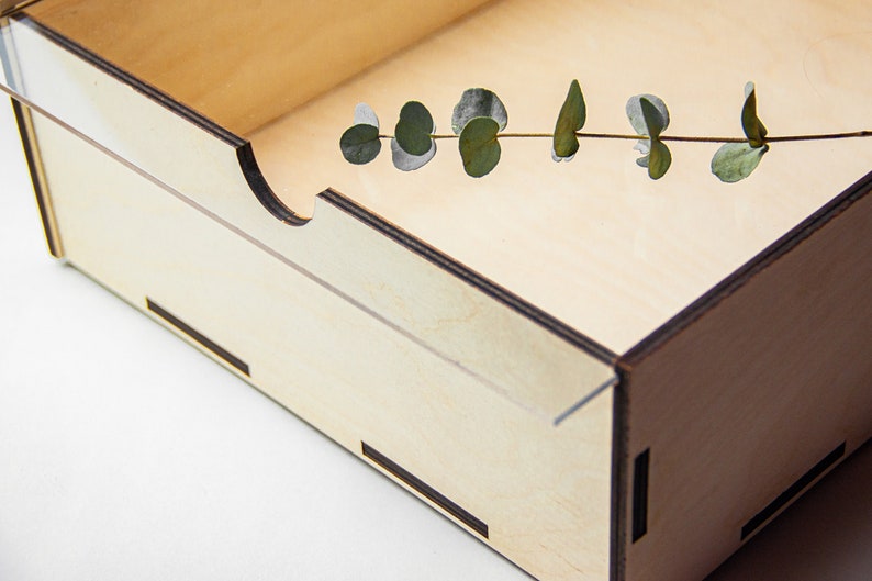 May include: A wooden box with a clear lid, featuring a sprig of eucalyptus leaves inside. The box has a natural wood finish and a dark brown trim.