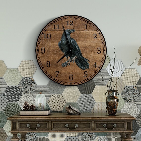 Raven clock, Black crow clock, Bird wall clock, Unique wall clock, Rustic wall clock, Farmhouse wall clock, Brown clock, Bird lover gift