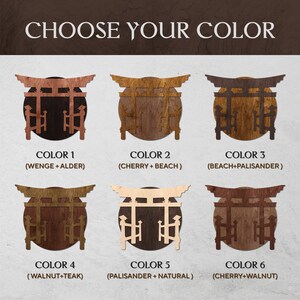May include: Six different color variations of a wooden Japanese Torii gate. The colors are Wenge + Alder, Cherry + Beach, Beach + Palisander, Walnut + Teak, Palisander + Natural, and Cherry + Walnut.