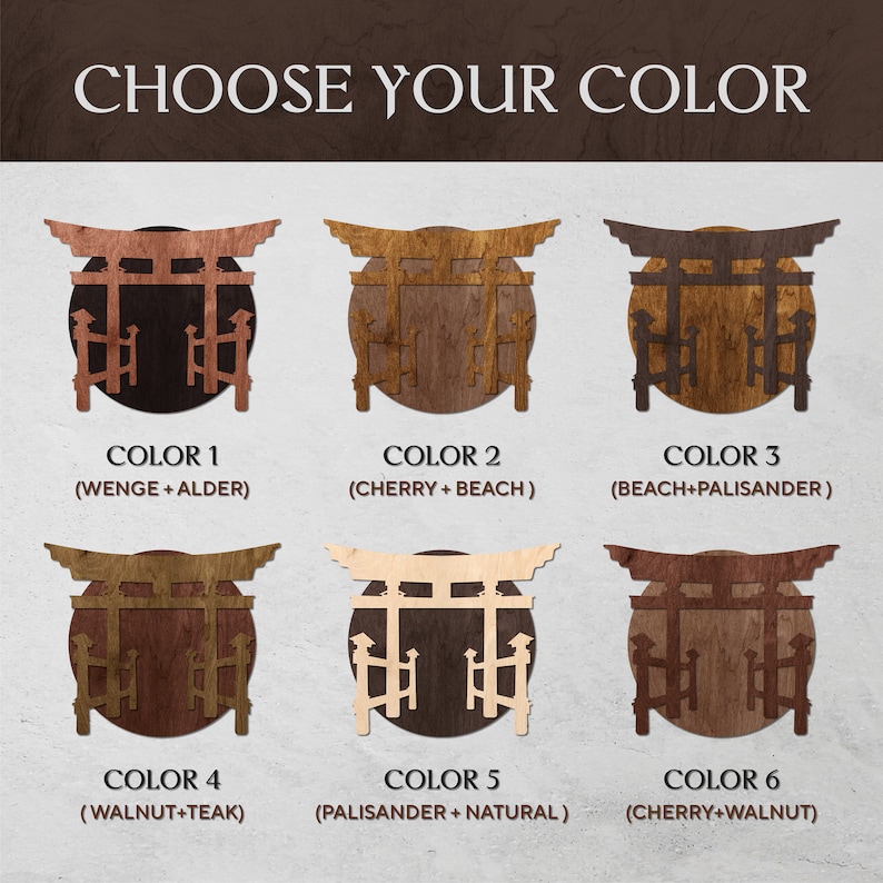May include: Six different color variations of a wooden Japanese Torii gate. The colors are Wenge + Alder, Cherry + Beach, Beach + Palisander, Walnut + Teak, Palisander + Natural, and Cherry + Walnut.