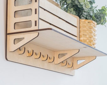 Wooden key holder for wall, Key hooks holder, Entryway organizer with hooks, Coat rack shelf wood, Wooden coat hooks, Key and mail holder