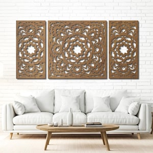 3 piece wood kaleidoscope wall art, Abstract wooden wall art, 3 panel wall art,Carved wall art,Minimalist wood wall art,Wooden boho wall art