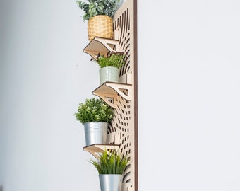 Support mural pour plantes, mur d’étagères géométriques pour plantes, étagères en bois, organisation de la maison, style industriel, rangement décoratif, étagères pour plantes en bois