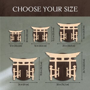 May include: Choose your size for a wooden Torii gate wall decor. The image shows five different sizes of the gate, ranging from 12 inches to 30 inches in diameter. The gate is made of light wood and has a dark brown background.