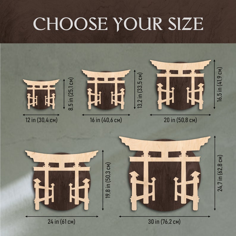 May include: Choose your size for a wooden Torii gate wall decor. The image shows five different sizes of the gate, ranging from 12 inches to 30 inches in diameter. The gate is made of light wood and has a dark brown background.