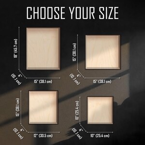 May include: Choose your size for a wood canvas. The sizes are 10 inches by 10 inches, 12 inches by 15 inches, 15 inches by 15 inches, and 18 inches by 15 inches. The measurements are in inches and centimeters.