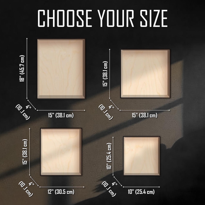 May include: Choose your size for a wood canvas. The sizes are 10 inches by 10 inches, 12 inches by 15 inches, 15 inches by 15 inches, and 18 inches by 15 inches. The measurements are in inches and centimeters.