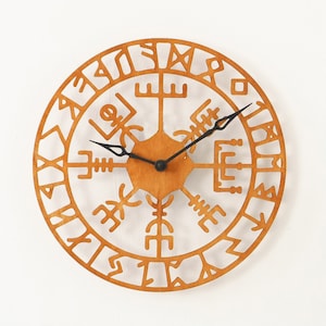 Viking Wall Clock, Viking Symbols Wall Clock, Modern Oversize Wall Clock, Round Wall Clock, Viking Wall Decor, Handmade Wooden Clock