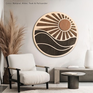 Kunst aan de muur zon, zonsondergang hout ronde, Boho zon kunst aan de muur, zon en oceaan golf kunst, zonsopgang strand kunst, ronde houten muur kunst, golven en stralen kunst