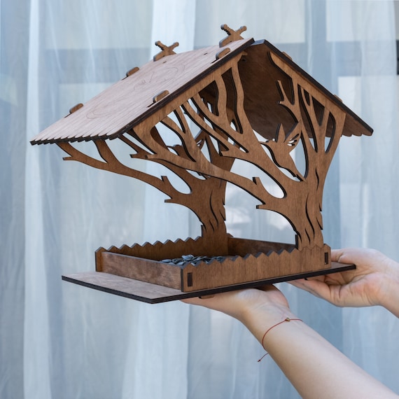 Vogelvoederhuisje voor balkon of om op te hangen, weerbestendig, met de hand gemaakt
