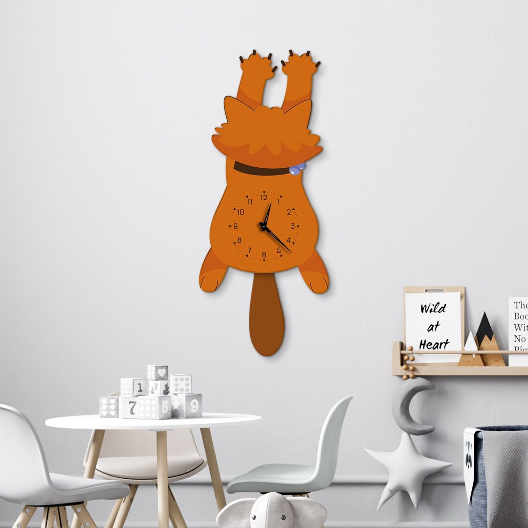 Cat Pendulum Clock, Red Cat Wall Clock, Pendulum Wall Clock, Nursery